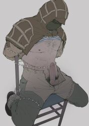 1boy barbed_wire blood blue_eyes bondage chest_hair clothed erection gay hands_tied_behind_back happy_trail kapkan_(rainbow_six) male_only pants_open rainbow_six rainbow_six_siege saury shirt_lift spread_legs tied_ankles tied_to_chair tied_up