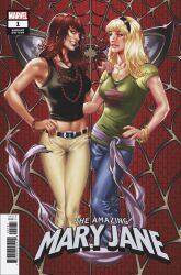 2girls blonde_hair breasts clothed clothed_female cover cover_page curvy curvy_female duo earrings female female/female female_only gwen_stacy gwen_stacy_(classic) hairband headband hip_grab human human_only jewelry light-skinned_female mark_brooks marvel marvel_comics mary_jane_watson red_hair smile spider-man_(series) straight_hair wide_hips