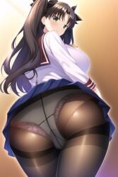 ai_generated ass ass_focus blush breasts brown_hair cameltoe fate/stay_night fate_(series) female from_behind green_eyes hair_ribbon huge_ass large_breasts long_hair looking_at_viewer miniskirt open_mouth panties panties_under_pantyhose pantyhose school_uniform schoolgirl shiny shiny_clothes shiny_hair shiny_skin sideboob skirt skirt_hold skirt_lift smile solo thick_thighs tohsaka_rin two_side_up upskirt