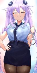 1girls belt bimmy blue_eyes blue_shirt breasts hair_ornament hand_on_hip handcuffs holding_handcuffs looking_at_viewer medium_breasts necktie neptune_(neptunia) neptunia_(series) pantyhose pencil_skirt police police_officer police_uniform policewoman purple_hair shirt skirt twintails