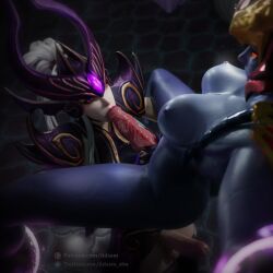 2futas 3d athletic_female athletic_futanari big_breasts breasts dragon dragon_girl erect_while_sucking erection fellatio futa_on_futa futa_only futanari high-angle_view human iidssm_sfm league_of_legends nude oral penis scalie shyvana syndra unusual_penis