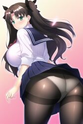 ai_generated ass ass_focus blush breasts brown_hair cameltoe fate/stay_night fate_(series) female from_behind green_eyes hair_ribbon huge_ass large_breasts long_hair looking_at_viewer miniskirt open_mouth panties panties_under_pantyhose pantyhose school_uniform schoolgirl shiny shiny_clothes shiny_hair shiny_skin sideboob skirt skirt_hold skirt_lift smile solo thick_thighs tohsaka_rin two_side_up upskirt