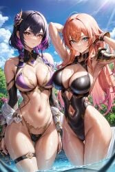 2023 2girls ai_generated ai_hands anime_nose bikini blue_eyes curvaceous curvy curvy_body curvy_female curvy_figure hi_res high_resolution long_hair orange_hair purple_hair seductive_look stable_diffusion swimsuit swimwear undercolor_(hair) voluptuous voluptuous_female yellow_eyes