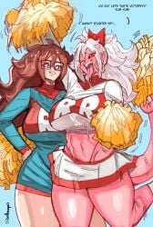 android_21 android_21_(evil) android_21_(human) aqua_background big_breasts black_sclera blue_background blue_eyes brown_hair cheerleader cheerleader_uniform dialogue dragon_ball dragon_ball_fighterz dragon_ball_super_super_hero embo english_text glasses gyaru hair_ribbon hi_res light-skinned_female light_skin long_hair looking_at_viewer majin majin_android_21 open_mouth pink_skin pointy_ears pom_poms red_eyes simple_background smiling smiling_at_viewer tail thick_thighs tongue_out vomi_(dragon_ball) white_hair wink winking_at_viewer