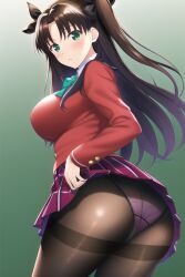 ai_generated ass ass_focus blush breasts brown_hair cameltoe fate/stay_night fate_(series) female from_behind green_eyes hair_ribbon huge_ass large_breasts long_hair looking_at_viewer miniskirt open_mouth panties panties_under_pantyhose pantyhose school_uniform schoolgirl shiny shiny_clothes shiny_hair shiny_skin sideboob skirt skirt_hold skirt_lift smile solo thick_thighs tohsaka_rin two_side_up upskirt