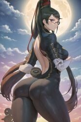 1girls ai_generated amiral_ai ass backless_outfit bayonetta bayonetta_(character) black_hair bodysuit breasts clouds dat_ass female glasses huge_ass light-skinned_female light_skin long_hair looking_at_viewer looking_back moon nintendo semi-rimless_glasses sky slim_waist solo standing thick_thighs thighs thunder_thighs very_long_hair