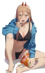 big_breasts blonde_hair bra chainsaw_man chips_(food) demon_girl eating female female_only ikanyoikanikan power_(chainsaw_man) sharp_teeth