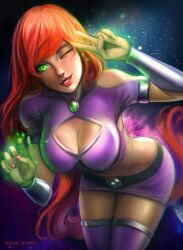 1girls alien alien_girl artist_request big_breasts breasts busty curvy curvy_female dc dc_comics female female_only fully_clothed green_eyes koriand'r long_hair orange_hair orange_skin ragecndy smile solo starfire superheroine tamaranean teen_titans voluptuous voluptuous_female wide_hips wink winking