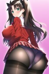 ai_generated ass ass_focus blush breasts brown_hair cameltoe fate/stay_night fate_(series) female from_behind green_eyes hair_ribbon huge_ass large_breasts long_hair looking_at_viewer miniskirt open_mouth panties panties_under_pantyhose pantyhose school_uniform schoolgirl shiny shiny_clothes shiny_hair shiny_skin sideboob skirt skirt_hold skirt_lift solo thick_thighs tohsaka_rin two_side_up upskirt