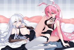 2girls animal_ears arm_support bangs bed black_bra black_underwear blue_eyes blue_nails bottomless bow bra choker cleft_of_venus clothes_removed detached_sleeves fake_animal_ears hair_between_eyes hair_ornament headband heart highres indie_virtual_youtuber jewelry kiritsuki_yume lace-trimmed_bra lace_trim leaning_back light-skinned_female light_skin lingerie long_hair midriff motion_lines multiple_girls navel necklace original pillow pink_hair pink_nails pussy rabbit_ears ribbon-trimmed_legwear ribbon-trimmed_thighhighs ribbon_trim sakurada_hane sex skull_necklace thighhighs tribadism underwear untied very_long_hair virtual_youtuber white_hair white_headband wing_hair_ornament yume_(454565427) yuri