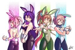 4girls 5_fingers ass blue_eyes breasts bunny_ears bunnysuit cleavage doki_doki_literature_club emeruga female female_only green_eyes headband monika_(doki_doki_literature_club) multiple_girls natsuki_(doki_doki_literature_club) pink_hair pink_nipples purple_hair purple_skin sayori_(doki_doki_literature_club) yuri_(doki_doki_literature_club)