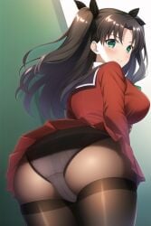 ai_generated ass ass_focus blush breasts brown_hair cameltoe fate/stay_night fate_(series) female from_behind green_eyes hair_ribbon huge_ass large_breasts long_hair looking_at_viewer miniskirt open_mouth panties panties_under_pantyhose pantyhose school_uniform schoolgirl shiny shiny_clothes shiny_hair shiny_skin sideboob skirt skirt_hold skirt_lift smile solo thick_thighs tohsaka_rin two_side_up upskirt