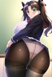 ai_generated ass ass_focus blush breasts brown_hair cameltoe fate/stay_night fate_(series) female from_behind green_eyes hair_ribbon huge_ass large_breasts long_hair looking_at_viewer miniskirt open_mouth panties panties_under_pantyhose pantyhose school_uniform schoolgirl shiny shiny_clothes shiny_hair shiny_skin sideboob skirt skirt_hold skirt_lift solo thick_thighs tohsaka_rin two_side_up upskirt