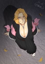 1girls big_breasts bleach bleach:_the_thousand-year_blood_war blonde_hair blue_eyes breasts chain_necklace chains female female_only from_above fully_clothed huge_breasts japanese_clothes jewelry kimono large_breasts looking_at_viewer looking_up matsumoto_rangiku mole mole_under_mouth nail_polish necklace necklace_between_breasts no_bra robe sagging_breasts sandals scarf shinigami short_hair sitting socks solo tabi viewed_from_above voluptuous wafuku xshuai