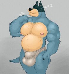 1boy 2023 anthro australian_cattle_dog bandit_(bluey) bandit_heeler belly biceps big_belly big_bulge big_muscles bluey_(series) bulge canid canine canis cattledog chubby_anthro chubby_male claws clothed clothing detailed_bulge domestic_dog flaccid fleshformomo frown fur gay grey_background herding_dog hi_res huge_bulge looking_at_viewer male male_only mammal motion_lines musclegut muscular muscular_anthro muscular_male narrowed_eyes nipples pastoral_dog pecs simple_background sleeping solo sound_effects standing thick_thighs tired topless topless_anthro topless_male tuft underwear vowelless vowelless_sound_effect zzz