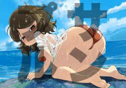 1girls 2d 2d_(artwork) animal_crossing animal_crossing_girl animal_crossing_new_horizons arms ass barefoot bikini breasts brown_eyes brown_hair butt closed_mouth cloud clouds eyebrows eyes feet female female_only half-closed_eyes hands head high_resolution highres japanese_text legs mouth mouth_closed muramasa_mikado murana_(muramasa_mikado) nintendo nintendo_switch nipples_visible_through_clothing nose ocean on_fours only_player pussy_visible_through_clothes rocks sea seaside shoulders sky thighs transparent_clothing vagina_visible_through_clothing villager_(animal_crossing) water watermark wet wet_clothes wet_clothing