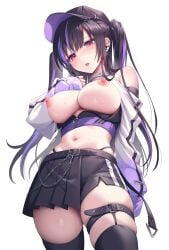 1girls big_breasts black_hair blush embarrassed gomashio_ponz hi_res nipples original perky_breasts pink_eyes sweat thick_thighs thighhighs thong_above_shorts thong_above_skirt thong_straps topless