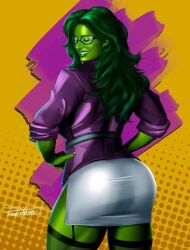 1girls artist_name artist_signature ass big_ass clothed dat_ass eyes_closed female female_only fully_clothed garter_straps glasses green_body green_hair green_skin hulk_(series) killbiro long_hair looking_back marvel marvel_comics miniskirt rear_view she-hulk skirt smile solo stockings superheroine tight_clothing