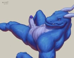 2023 abs aduran anthro balls bedroom_eyes biceps deltoids erection fangs genitals grin horn humanoid_genitalia humanoid_penis looking_at_viewer male muscular narrowed_eyes nude pecs penis reclining reptile scalie seductive simple_background smile solo solo_male teeth triceps vein veiny_penis