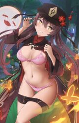 bangs black_headwear boo_tao_(genshin_impact) bra breasts brown_shorts bug butterfly claw_pose clothes_pull crop_top feet_out_of_frame female flower genshin_impact grin groin hair_between_eyes hands_up hat highres hu_tao_(genshin_impact) insects long_sleeves looking_at_viewer medium_breasts navel panties pink_bra pink_panties plum_blossoms porkpie_hat red_flower short_shorts shorts shorts_pull sidelocks smile solo stomach thighs twintails underwear zuikillme