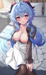 blue_hair blush breasts dress exposed_breasts ganyu_(genshin_impact) genshin_impact hi_res looking_at_viewer nipples on_bed open_shirt ponnyu12 purple_eyes sitting stockings topless