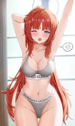 1girls blue_eyes bra breasts dokimaru female female_only genshin_impact hi_res looking_at_viewer navel nilou_(genshin_impact) open_mouth panties red_hair stretching underwear waking_up wide_hips yawn