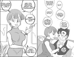 1boy 1girls assertive big_breasts breasts bulma_briefs cheating cheating_wife dialogue dragon_ball dragon_ball_z earrings female fully_clothed funsexydragonball male male_virgin milf older_female short_hair smile smoking son_gohan speech_bubble straight submissive submissive_male tagme text virgin younger_male