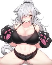 1girls animal_ear_fluff animal_ears arknights bare_shoulders belly belly_button big_breasts bikini bikini_top blush bra breasts busty cat_ears cat_girl cat_paws cat_tail cleavage clothed clothed_female collarbone curvaceous curvy cute ears_down embarrassed female female_only gigantic_breasts grey_hair hair_covering_eye hair_over_one_eye half-closed_eyes hips huge_breasts kneeling kneeling_down kneeling_on_floor large_breasts light-skinned_female light_skin long_hair looking_at_viewer massive_breasts midriff paw_gloves ponytail rikuguma schwarz_(arknights) shiny_breasts shiny_skin short_shorts shy simple_background sitting solo solo_female sports_bra spread spread_legs stomach tail thick_legs thick_thighs thighs tight_clothing voluptuous white_background wide_hips wide_thighs yellow_eyes