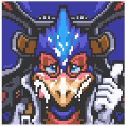 anthro avian bird blush bodily_fluids cum cum_in_mouth cum_inside cum_on_face enjoying falco_lombardi galliform genital_fluids male nintendo phasianid solo solo_focus sprite_art star_fox super_nintendo tongue tongue_out