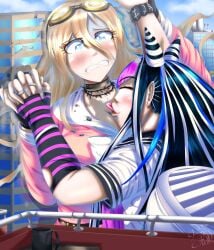 blonde_hair blue_eyes blush danganronpa danganronpa_2:_goodbye_despair danganronpa_v3 giantess hyper_breasts iruma_miu licking mioda_ibuki motorboating nervous saliva smooth_skin