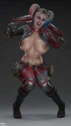 1girls 3d 9:16 areolae batman_(series) big_breasts blonde_hair breasts busty dc dc_comics exposed_breasts female female_only functionally_nude gun guns harley_quinn harley_quinn_(injustice) huge_breasts injustice_2 jacket large_breasts light-skinned_female light_skin makeup nipples no_bra nyes117 pistol pose posing smile smiling smiling_at_viewer solo tattoo thick thick_thighs topless topless_female voluptuous wide_hips