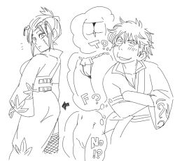 1boy 1girls blush doodle female fundoshi gintama gintoki_sakata humor imagining isami_meena kimono looking_at_another looking_back male monochrome pervert pussy sketch smile thong thought_bubble tsukuyo