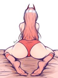 1girls ass ass_focus back back_view bawdy big_ass bottomwear chainsaw_man dat_ass demon demon_girl demon_horns female female_only hair horns huge_ass legwear long_hair panties pink_hair power_(chainsaw_man) red_panties socks solo solo_female thighs