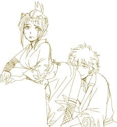 1boy 1girls clothed doodle embarrassed eye_contact face_in_ass facial_scar female from_behind frown gintama gintoki_sakata isami_meena japanese_clothes kimono kunoichi leaning_forward looking_at_another looking_back male monochrome nervous sketch smile sweatdrop tied_hair tsukuyo