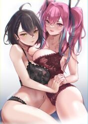 2girls azur_lane baltimore_(azur_lane) black_bra black_panties bra breast_press breasts bremerton_(azur_lane) brown_hair eagle_union_(azur_lane) female huge_breasts light-skinned_female light_skin lingerie lingerie_only long_hair panties pink_eyes pink_hair red_bra red_panties short_hair smile thick_thighs tinnies yellow_eyes yuri