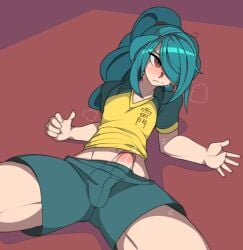 blue_hair captain_kirb embarrassed erection femboy ichirouta_kazemaru inazuma_eleven penis penis_out penis_slip tagme trap yaoi