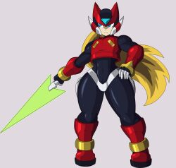 1boy androgynous android big_thighs black_bodysuit blonde_hair blue_eyes bodysuit boots cepsil0n curvy curvy_figure curvy_hips energy_sword femboy full_body futuristic gauntlets girly grey_background hand_on_hip helmet hips holding_sword holding_weapon laser_sword long_hair long_hair_male mega_man mega_man_zero muscular_shoulders non-nude red_boots red_gauntlets red_helmet red_vest reploid simple_background sleeveless_shirt solo stern_expression sword thick thick_thighs vest weapon white_thong wide_hips zero_(mega_man)