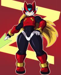 1boy android big_thighs cepsil0n curvy curvy_figure curvy_hips femboy girly hand_on_hip hips mega_man mega_man_zero reploid solo thick thick_thighs wide_hips zero_(mega_man)