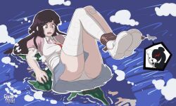 cloud danganronpa danganronpa_2:_goodbye_despair embarrassed gamersquid gamesquid giantess growth island monokuma panties purple_hair smooth_skin tsumiki_mikan upskirt water