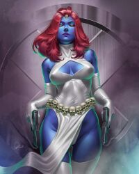 1girls 2d artist_signature big_breasts blue-skinned_female blue_skin breasts child_bearing_hips curvy curvy_female curvy_figure douglas_bicalho female female_only gun guns human lowres marvel marvel_comics mature mature_female mature_woman milf mother mutant mystique nipple_bulge nipples raven_darkholme red_hair short_hair solo straight_hair unnatural_colors villainess voluptuous voluptuous_female wide_hips x-men