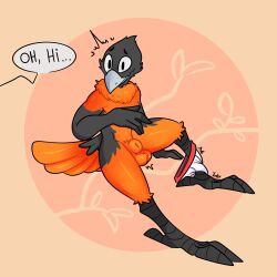 absurd_res animal_genitalia anthro avian balls bird black_body black_feathers black_skin briefs cheek_tuft clothing clothing_around_one_leg dialogue english_text facial_tuft feathers flustered fully_sheathed genitals hi_res male neck_tuft nervous nervous_smile orange_body orange_feathers sheath simple_background smile solo speech_bubble tan_background text the_xing1 tuft underwear underwear_around_one_leg undressing walk-in wide_eyed