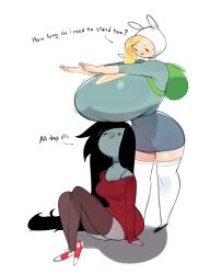 2d 2girls adventure_time backpack bag blonde_hair breast_focus breasts bulumble-bee cleavage clothing duo enormous_breasts female female_focus female_only fionna_the_human_girl fully_clothed headwear human marceline medium_breasts pale_skin skirt smile top_heavy vampire