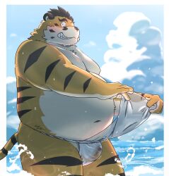 2023 anthro asian_clothing belly big_belly blush clothing cloud detailed_background east_asian_clothing felid fundoshi hi_res hon55728 humanoid_hands japanese_clothing kemono male mammal moobs navel outside overweight overweight_male pantherine solo tiger underwear water white_clothing white_fundoshi white_underwear