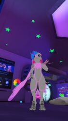 1girls 3d avali bird blue_hair curvy_female female furry gray_fur kali_avali pink_feathers purple_eyes pussy solo vrchat vrchat_avatar