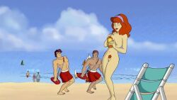 beach daphne_blake female ginger_hair ginger_pubic_hair human male multiple_boys public_nudity scooby-doo