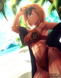 1girls android_18 beach big_breasts bikini blonde_hair blue_eyes blue_sky breasts clouds dragon_ball dragon_ball_super dragon_ball_xenoverse dragon_ball_z eyewear_on_head kooj_artz large_breasts looking_over_eyewear looking_over_glasses milf mother ocean sea sunglasses sunglasses_on_head swimsuit tagme tinted_eyewear trendy_bikini