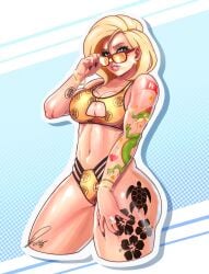 1girls adjusting_eyewear adjusting_glasses adjusting_sunglasses alternate_version_at_source alternate_version_available android_18 ass athletic_female big_ass big_breasts bikini blonde_hair blue_eyes blue_sky breasts dragon_ball dragon_ball_super dragon_ball_xenoverse dragon_ball_z kooj_artz large_breasts looking_over_eyewear looking_over_glasses looking_over_sunglasses milf mother muscular orange-tinted_eyewear solo solo_female sunglasses swimsuit tagme tattoo tattoos tinted_eyewear toned_female trendy_bikini