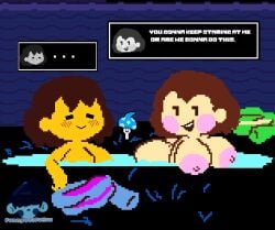 2d big_breasts chara color dialogue edit english english_dialogue english_text frisk funnyboijulius mob_face no_outlines pixel_art seductive tagme text third-party_edit undertale undertale_(series) yuri