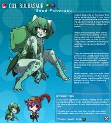 2020 bulbasaur character_profile character_sheet creature_index crouching english_text female_focus gijinka green_hair green_skin kinkymation nintendo page_1 page_number pokémon_(species) pokedex pokemon pokemon-girl_encyclopedia pokemon_(species) pokemusu pokephilia profile short_hair smooth_skin terrance_rainer_(kinkymation) text_box