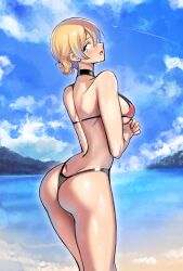 1girls ass ayakumo back beach bikini blonde_hair braided_hair darjeeling female girls_und_panzer looking_back outdoors pale-skinned_female short_hair solo solo_female standing swimsuit